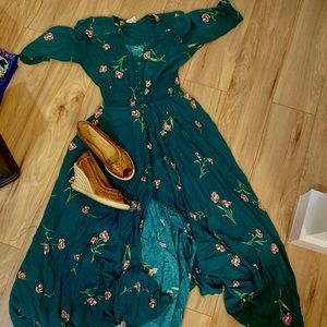 Slit button up maxi green pink floral dress